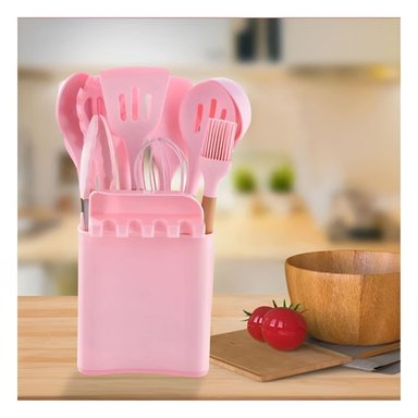 PACK6 JUEGO ANTIADHERENTE DE COLOR ROSADO 11 CUCHARONES SILICONA CON SOPORTE Y+REGALO STICKER - 3