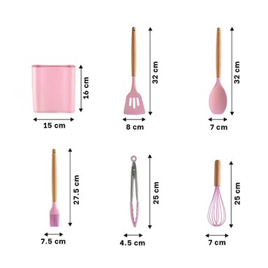 PACK6 JUEGO ANTIADHERENTE DE COLOR ROSADO 11 CUCHARONES SILICONA CON SOPORTE Y+REGALO STICKER - 4