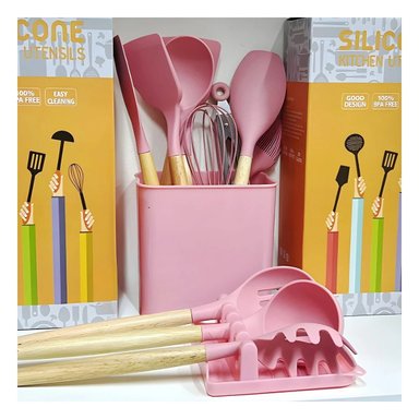 PACK6 JUEGO ANTIADHERENTE DE COLOR ROSADO 11 CUCHARONES SILICONA CON SOPORTE Y+REGALO STICKER - 5