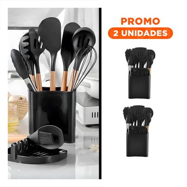 PACK2 CUCHARONES MULTIUSO DE COLOR NEGRO EN SILICONA SET DE 11 CON SOPORTE - 1