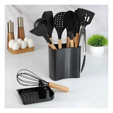 PACK2 CUCHARONES MULTIUSO DE COLOR NEGRO EN SILICONA SET DE 11 CON SOPORTE - 2