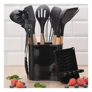 PACK2 CUCHARONES MULTIUSO DE COLOR NEGRO EN SILICONA SET DE 11 CON SOPORTE - 3