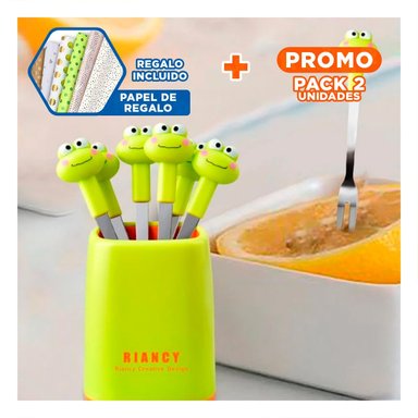 PACK2 TENEDOR MINI METALICO EN ACERO INOXIDABLE CON SAPO COLOR VERDE LIMON Y+PAPEL REGALO - 1