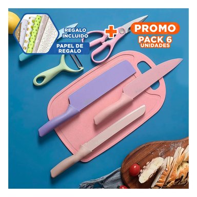 PACK6 KIT COCINA PRACTICA 6 PIEZAS DE CUCHILLOS DE COLORES Y+PAPEL REGALO - 1