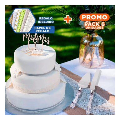 PACK6 JUEGO ELEGANTE DE CUCHILLOS DE PASTEL CON ESPATULA Y+PAPEL REGALO - 1