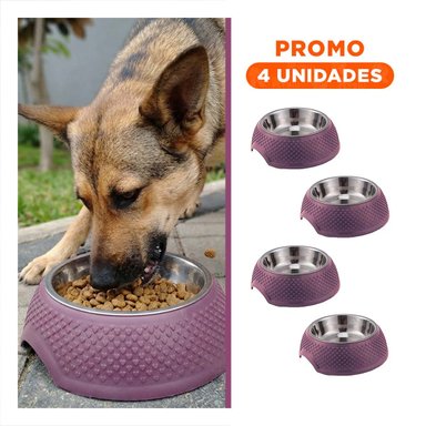 PACK4 TAZON PARA MASCOTAS EN ACERO CON CORAZONES EN RELIEVE PURPURA Y+REGALO STICKER - 1