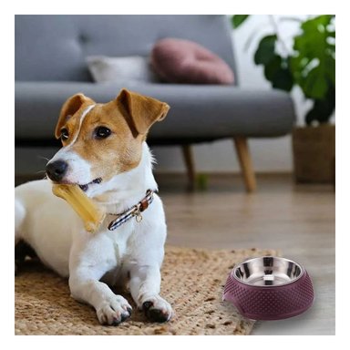PACK4 TAZON PARA MASCOTAS EN ACERO CON CORAZONES EN RELIEVE PURPURA Y+REGALO STICKER - 5