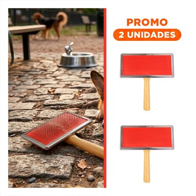PACK2 CARDA RESISTENTE METAL ROJA CON MANGO DE MADERA PARA MASCOTAS - 1