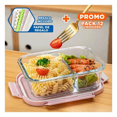 PACK12 CONTENEDOR DE VIDRIO CON 2 DIVISIONES FUNCIONALES Y TAPA EN COLOR ROSADO Y+PAPEL REGALO - 1