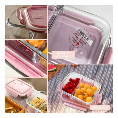 PACK12 CONTENEDOR DE VIDRIO CON 2 DIVISIONES FUNCIONALES Y TAPA EN COLOR ROSADO Y+PAPEL REGALO - 2