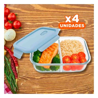 PACK4 TAPER DE VIDRIO CON TAPA CELESTE Y 2 DIVISIONES PARA ORGANIZAR PORCIONES - 1