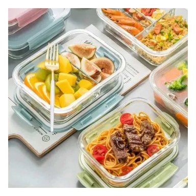 PACK4 TAPER DE VIDRIO CON TAPA CELESTE Y 2 DIVISIONES PARA ORGANIZAR PORCIONES - 2