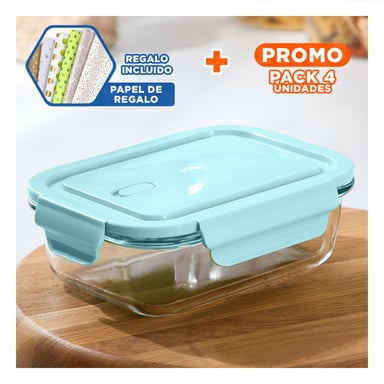 PACK4 CAJA DE VIDRIO 1040 ML CON TAPA CELESTE PARA REFRIGERADORA Y+PAPEL REGALO - 1