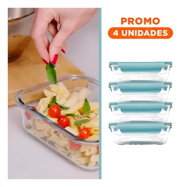 PACK4 ORGANIZADOR HERMETICO DE VIDRIO 410 ML CHICO CELESTE Y+REGALO STICKER - 1