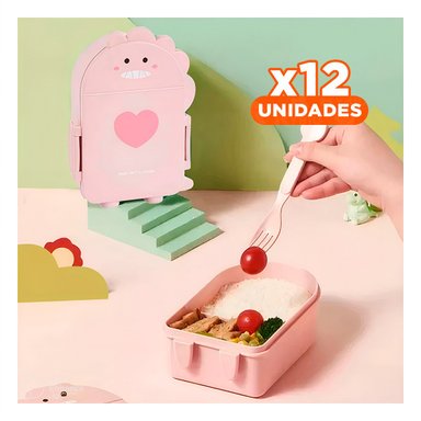 PACK12 CONTENEDOR DINOSAURIO CON CUBIERTOS EN COLOR ROSADO PARA USO DIARIO - 1