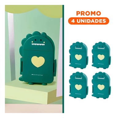 PACK4 CONTENEDOR INFANTIL EN FORMA DE DINOSAURIO COLOR VERDE CON CUBIERTOS Y+REGALO STICKER - 1