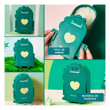 PACK4 CONTENEDOR INFANTIL EN FORMA DE DINOSAURIO COLOR VERDE CON CUBIERTOS Y+REGALO STICKER - 2