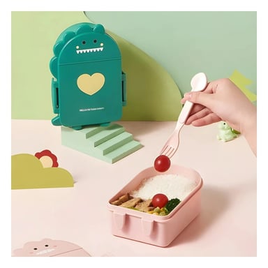 PACK4 CONTENEDOR INFANTIL EN FORMA DE DINOSAURIO COLOR VERDE CON CUBIERTOS Y+REGALO STICKER - 3