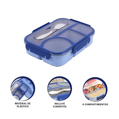 CONTENEDOR RECTANGULAR 4 ESPACIOS CON TENEDOR 1100ML AZUL HERMETICO PLUS - 3