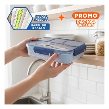 PACK4 ORGANIZADOR RECTANGULAR 4 ESPACIOS CON TENEDOR 1100ML AZUL MODERNO Y+PAPEL REGALO - 1