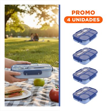 PACK4 ORGANIZADOR RECTANGULAR 4 ESPACIOS CON TENEDOR 1100ML AZUL RESISTENTE Y+REGALO STICKER - 1