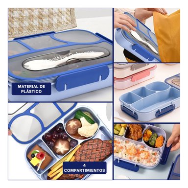 PACK4 ORGANIZADOR RECTANGULAR 4 ESPACIOS CON TENEDOR 1100ML AZUL RESISTENTE Y+REGALO STICKER - 2