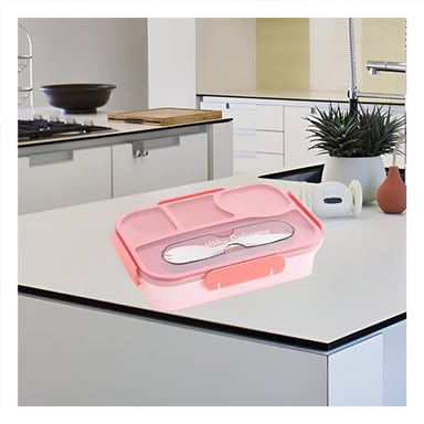 PACK6 PORTACOMIDAS RECTANGULAR 4 ESPACIOS CON TENEDOR 1100ML ROSADO HERMETICO Y+REGALO STICKER - 5