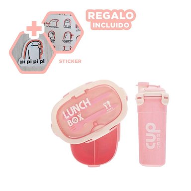 RECIPIENTE 850ML CON CUBIERTOS Y TOMATODO 480ML ROSADO PARA TRABAJO Y+REGALO STICKER - 1