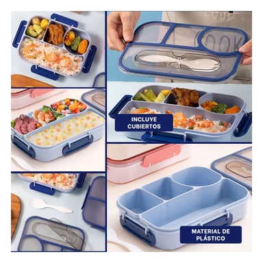 CONTENEDOR RECTANGULAR 4 ESPACIOS CON TENEDOR 1100ML AZUL PRACTICO COMODO Y+LIGAS REGALO - 5