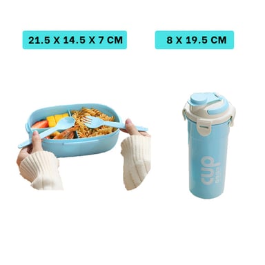 CONTENEDOR 850ML CON CUBIERTOS Y TOMATODO 480ML CELESTE RESISTENTE EXTRA Y+REGALO STICKER - 4