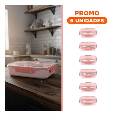 PACK6 ORGANIZADOR RECTANGULAR 4 ESPACIOS CON TENEDOR 1100ML ROSADO PRACTICO - 1