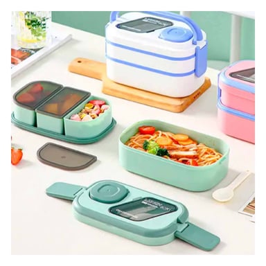 PACK2 CAJA ALMUERZO 2 PISOS CON COMPARTIMIENTOS Y CUBIERTOS VERDE GUARDAR SNACKS - 2