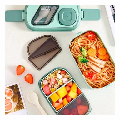 PACK2 CAJA ALMUERZO 2 PISOS CON COMPARTIMIENTOS Y CUBIERTOS VERDE GUARDAR SNACKS - 5