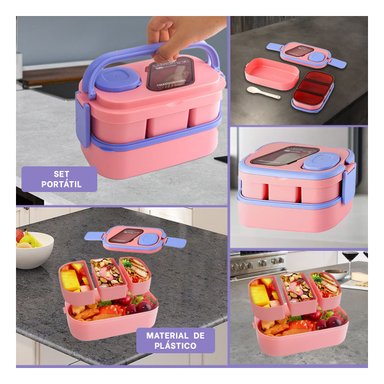 ENVASE APILABLE CON CUBIERTOS 2 PISOS ROSADO Y LILA PARA GUARDAR ALIMENTOS FRESCOS Y+POST IT - 5