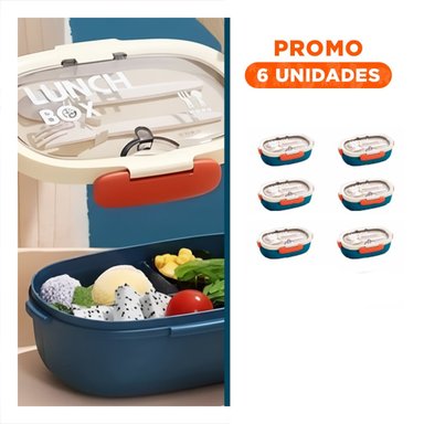 PACK6 SET ALMUERZO 850ML CON CUBIERTOS CREMA Y AZUL MARINO TRANSPORTE COMIDA - 1