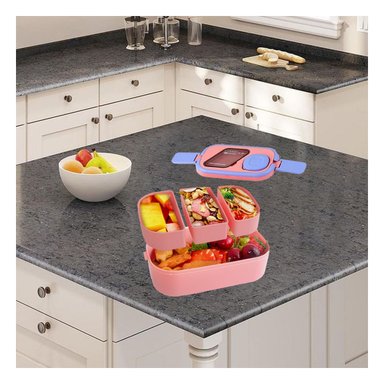 ENVASE PRÁCTICO CON CUBIERTOS 2 PISOS ROSADO Y LILA PARA TRANSPORTE DE COMIDA Y+LIGAS REGALO - 1