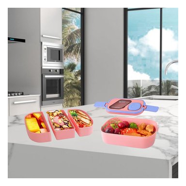 ENVASE PRÁCTICO CON CUBIERTOS 2 PISOS ROSADO Y LILA PARA TRANSPORTE DE COMIDA Y+LIGAS REGALO - 2