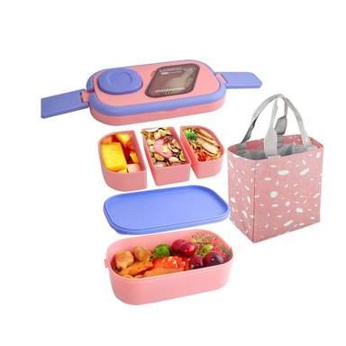 ENVASE PRÁCTICO CON CUBIERTOS 2 PISOS ROSADO Y LILA PARA TRANSPORTE DE COMIDA Y+LIGAS REGALO - 3