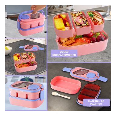 ENVASE PRÁCTICO CON CUBIERTOS 2 PISOS ROSADO Y LILA PARA TRANSPORTE DE COMIDA Y+LIGAS REGALO - 5