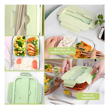 RECIPIENTE DE VIDRIO CON CUBIERTOS PARA BOCADILLOS Y YOGURT TAPA VERDE Y+POST IT - 1