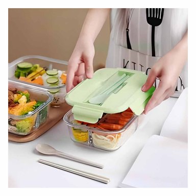 RECIPIENTE DE VIDRIO CON CUBIERTOS PARA BOCADILLOS Y YOGURT TAPA VERDE Y+POST IT - 3