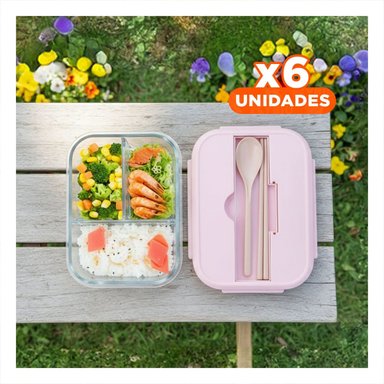 PACK6 UNIDAD CON CUBIERTOS 3 DIVISIONES PARA ALMUERZO SALUDABLE TAPA ROSADO Y+REGALO STICKER - 1
