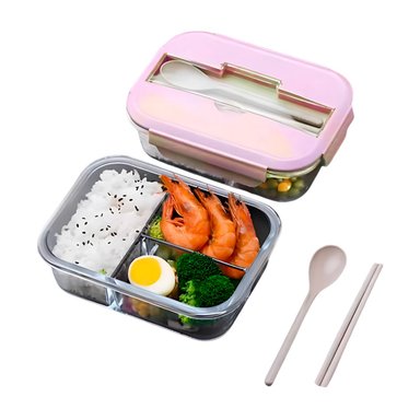 PACK6 UNIDAD CON CUBIERTOS 3 DIVISIONES PARA ALMUERZO SALUDABLE TAPA ROSADO Y+REGALO STICKER - 2