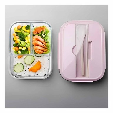PACK6 UNIDAD CON CUBIERTOS 3 DIVISIONES PARA ALMUERZO SALUDABLE TAPA ROSADO Y+REGALO STICKER - 3