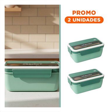 PACK2 CAJA RECTANGULAR CON CUBIERTOS PARA LONCHERA 1100ML VERDE - 1