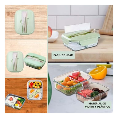 ENVASE CON CUBIERTOS Y 2 COMPARTIMENTOS INTEGRADOS VERDE Y+LIGAS REGALO - 5