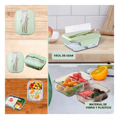 PACK6 MODULAR DE VIDRIO PARA ALMUERZO DIARIO O SNACKS VERDE Y+PAPEL REGALO - 3
