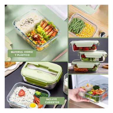 PACK4 ORGANIZADOR DE VIDRIO CON CUBIERTOS Y TAPA VERDE PARA LONCHERA Y+REGALO STICKER - 2