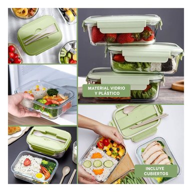 ENVASE COMPACTO DE VIDRIO CON CUBIERTOS Y AJUSTE VERDE Y+LIGAS REGALO - 5