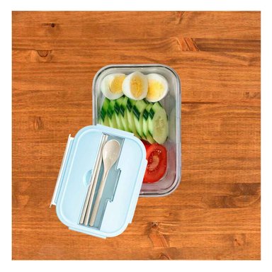 PACK4 CAJA DE ALMUERZO DE VIDRIO CON ACCESORIOS CELESTE Y+PAPEL REGALO - 5